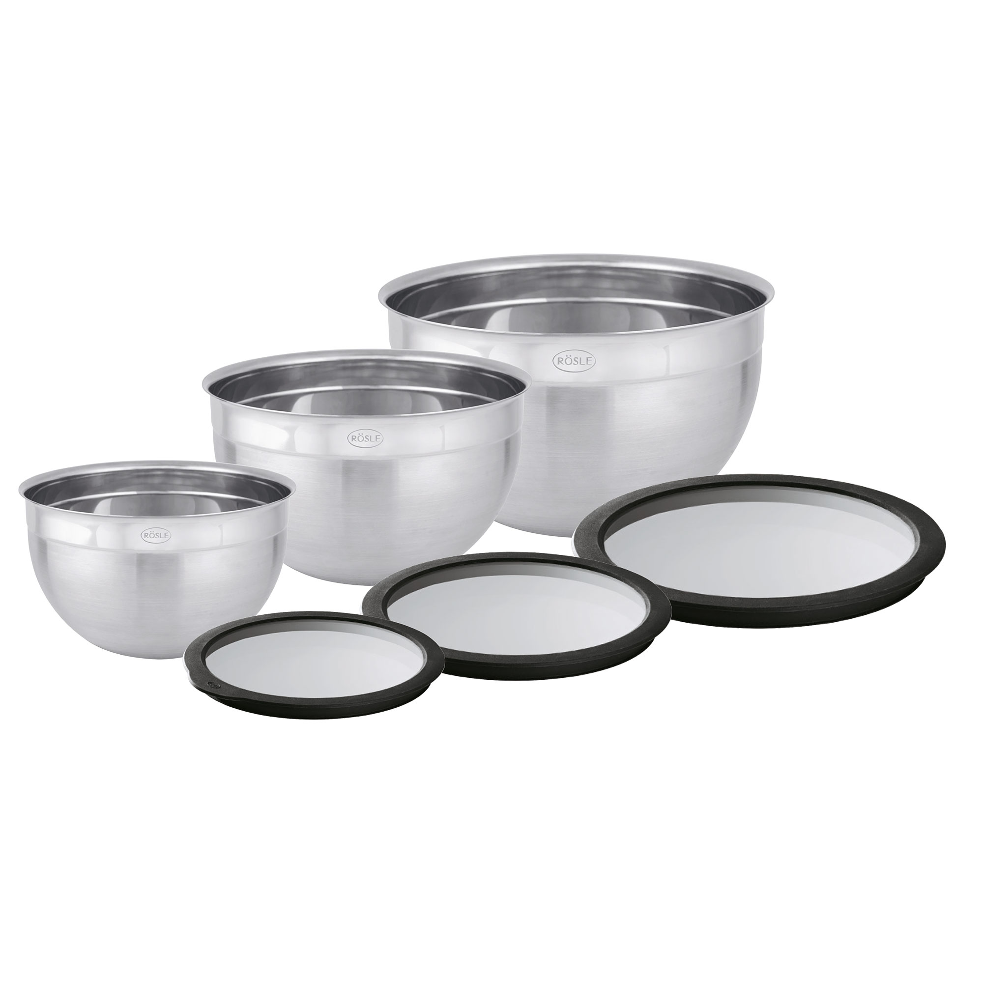 Bowls Set with airtight Lids from glass(Ø 16 cm / 6.3 in., 20 cm / 8.0 in., 24 cm / 9.5 in)brown packaging